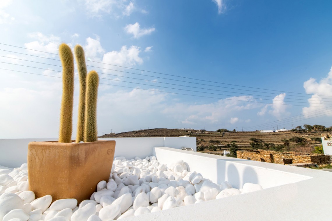 Stunning terrace at Villa Aegean Colors with panoramic views of Agios Fokas Bay, Tinos.
