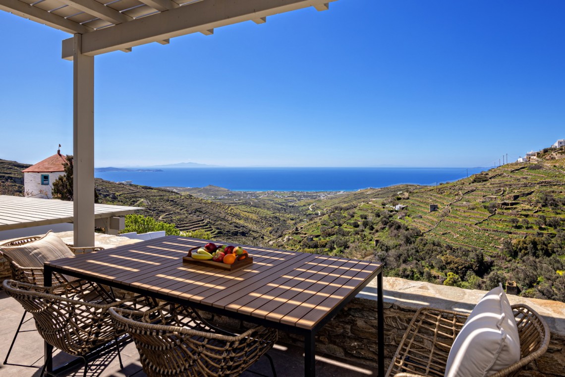 Panoramic view of Triantaros Valley and the Aegean Sea from Villa Erato’s terrace in Tinos.