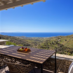 Panoramic view of Triantaros Valley and the Aegean Sea from Villa Erato’s terrace in Tinos.