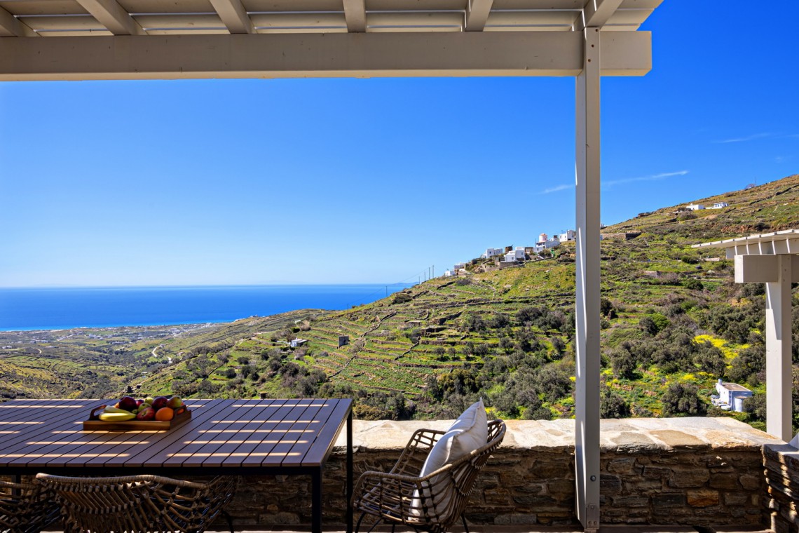 Panoramic view of Triantaros Valley and the Aegean Sea from Villa Erato’s terrace in Tinos.