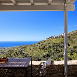 Panoramic view of Triantaros Valley and the Aegean Sea from Villa Erato’s terrace in Tinos.