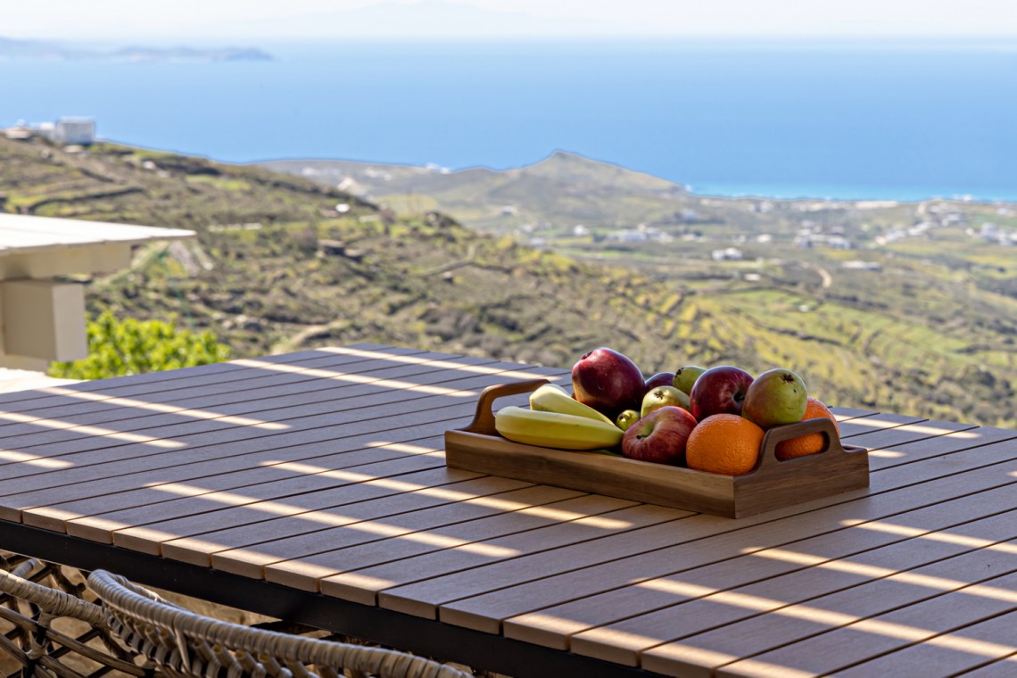 Panoramic view of Triantaros Valley and the Aegean Sea from Villa Erato’s terrace in Tinos.