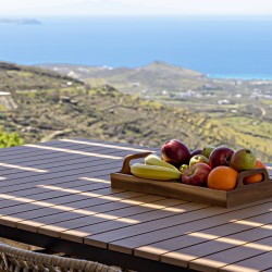 Panoramic view of Triantaros Valley and the Aegean Sea from Villa Erato’s terrace in Tinos.