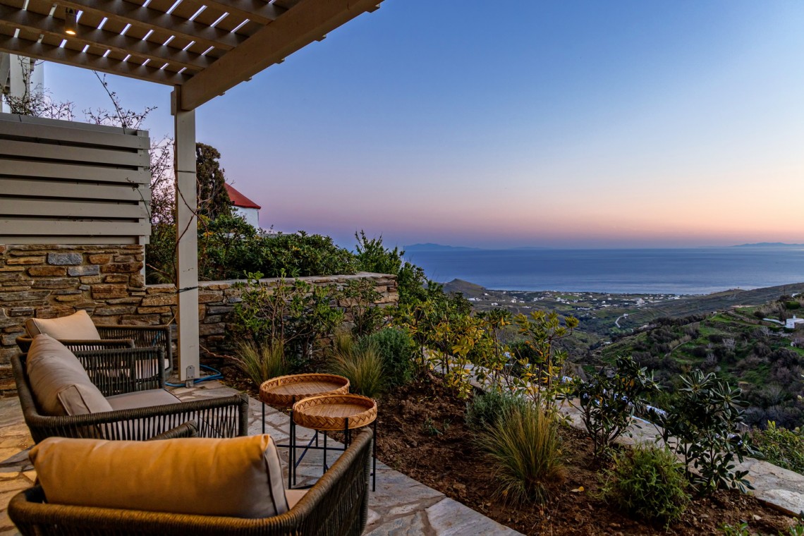 Panoramic view of Triantaros Valley and the Aegean Sea from Villa Erato’s terrace in Tinos.