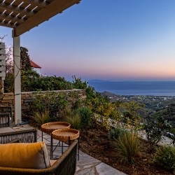 Panoramic view of Triantaros Valley and the Aegean Sea from Villa Erato’s terrace in Tinos.