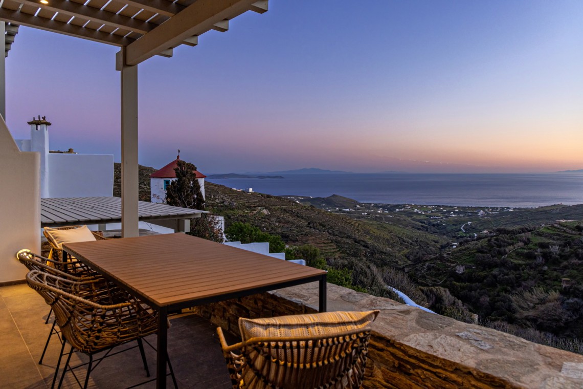 Panoramic view of Triantaros Valley and the Aegean Sea from Villa Erato’s terrace in Tinos.