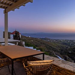 Panoramic view of Triantaros Valley and the Aegean Sea from Villa Erato’s terrace in Tinos.