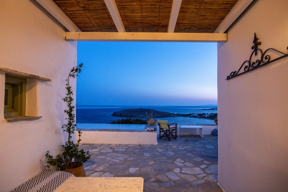 Panoramic Aegean Sea view from the terrace at Vivant Blue Mansion, Tinos.