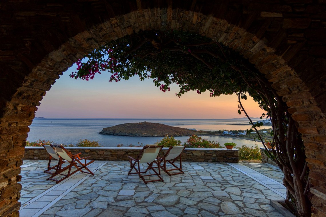 Panoramic Aegean Sea view from the terrace at Vivant Blue Mansion, Tinos.