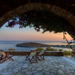 Panoramic Aegean Sea view from the terrace at Vivant Blue Mansion, Tinos.