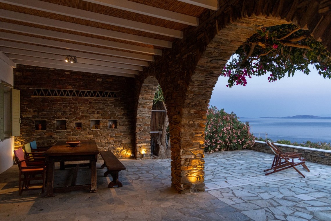 Panoramic Aegean Sea view from the terrace at Vivant Blue Mansion, Tinos.
