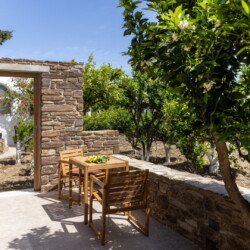 Αυλή με εξωτερική τραπεζαρία και BBQ, περιτριγυρισμένη από δέντρα στο Unforgettable Beach House in Tinos IV