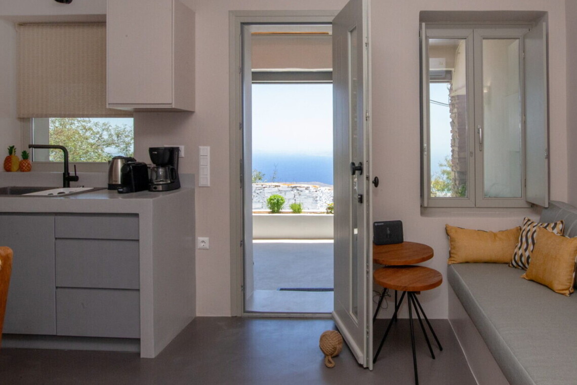View from Ohana Suite’s private terrace overlooking the Aegean Sea in Arnados, Tinos.