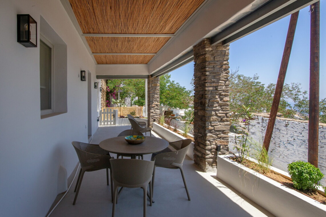 View from Ohana Suite’s private terrace overlooking the Aegean Sea in Arnados, Tinos.