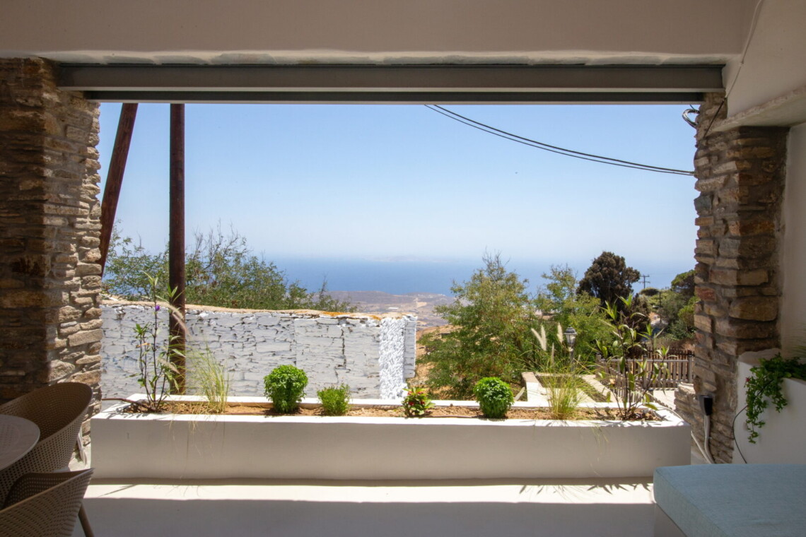 View from Ohana Suite’s private terrace overlooking the Aegean Sea in Arnados, Tinos.