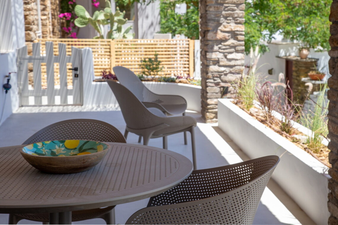 View from Ohana Suite’s private terrace overlooking the Aegean Sea in Arnados, Tinos.
