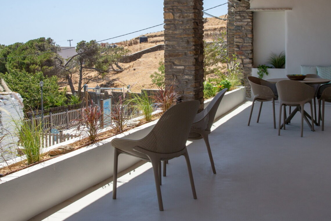 View from Ohana Suite’s private terrace overlooking the Aegean Sea in Arnados, Tinos.