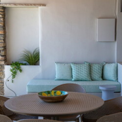 View from Ohana Suite’s private terrace overlooking the Aegean Sea in Arnados, Tinos.