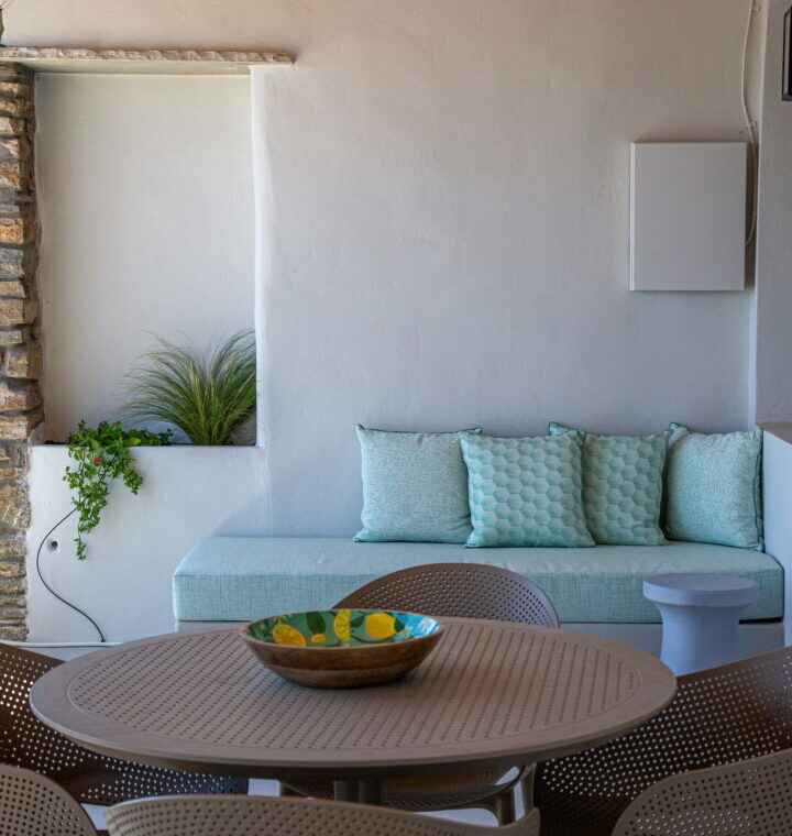 View from Ohana Suite’s private terrace overlooking the Aegean Sea in Arnados, Tinos.